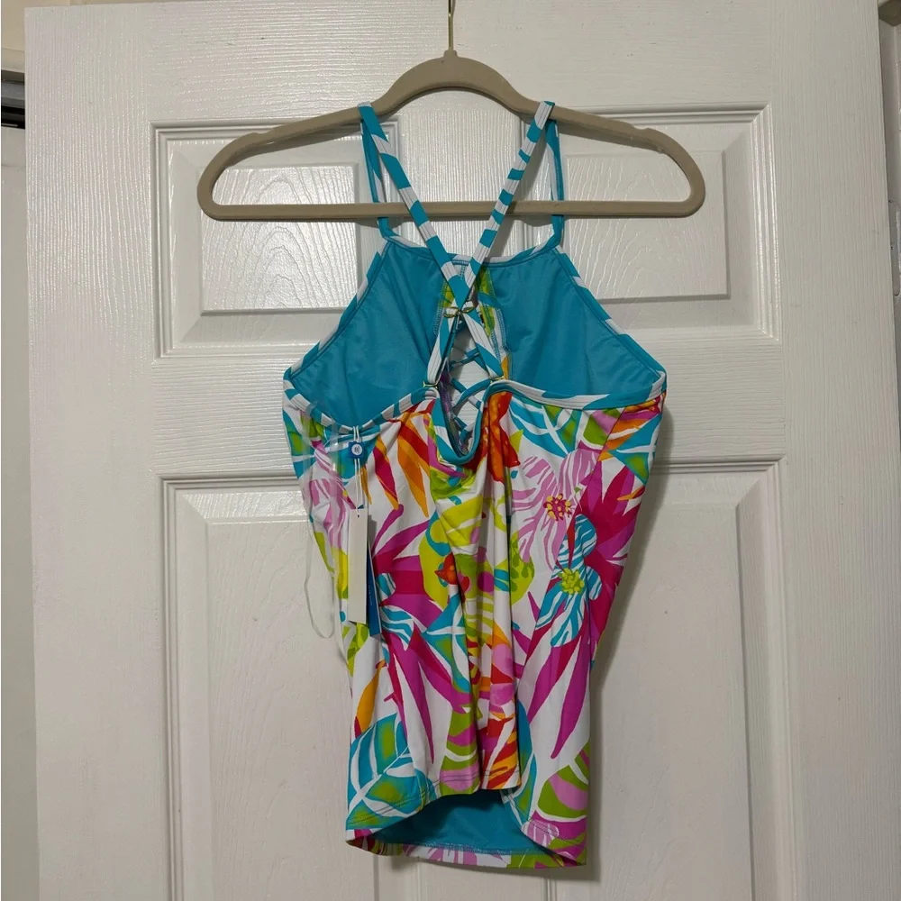 NWT Bleu Rod Beattie Lattice Front Floral Tankini Top Size 12